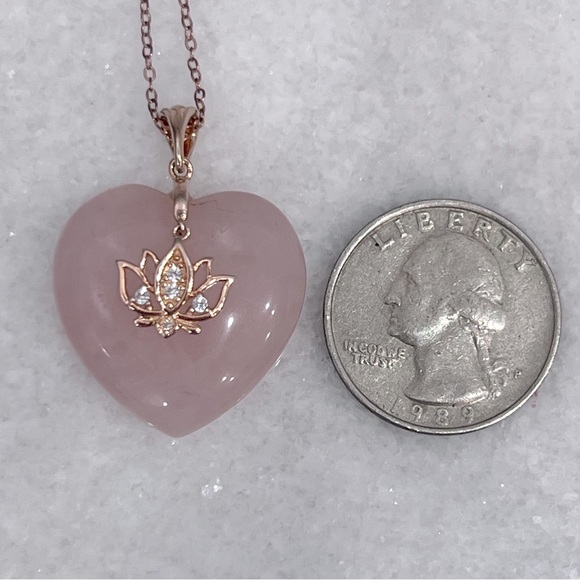 Galilea Rose Quartz White Zircon 14K RG Sterling Silver Lotus On Heart Necklace - Picture 8 of 10